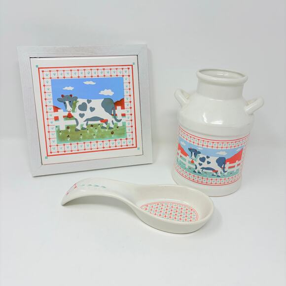 Vtg 80s Himark Peaches N Cream Cow Jug Canister Utensils Spoon Rest Trivet NOS - Picture 3 of 16